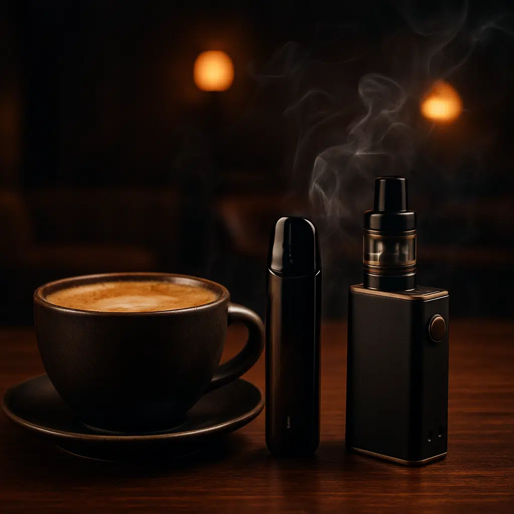 V Cafe Galali: Specialty Coffee, Vape &Amp; Gaming Lounge Guide 2 Close-up of specialty coffee with vape pod system and box mod on a wooden table at v cafe galali in a cozy lounge setting