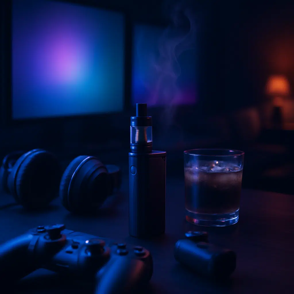 V Cafe Galali: Specialty Coffee, Vape &Amp; Gaming Lounge Guide 3 Gaming lounge corner at v cafe galali with glowing screens, controllers and a vape device highlighted by dramatic lighting and vapor wisps