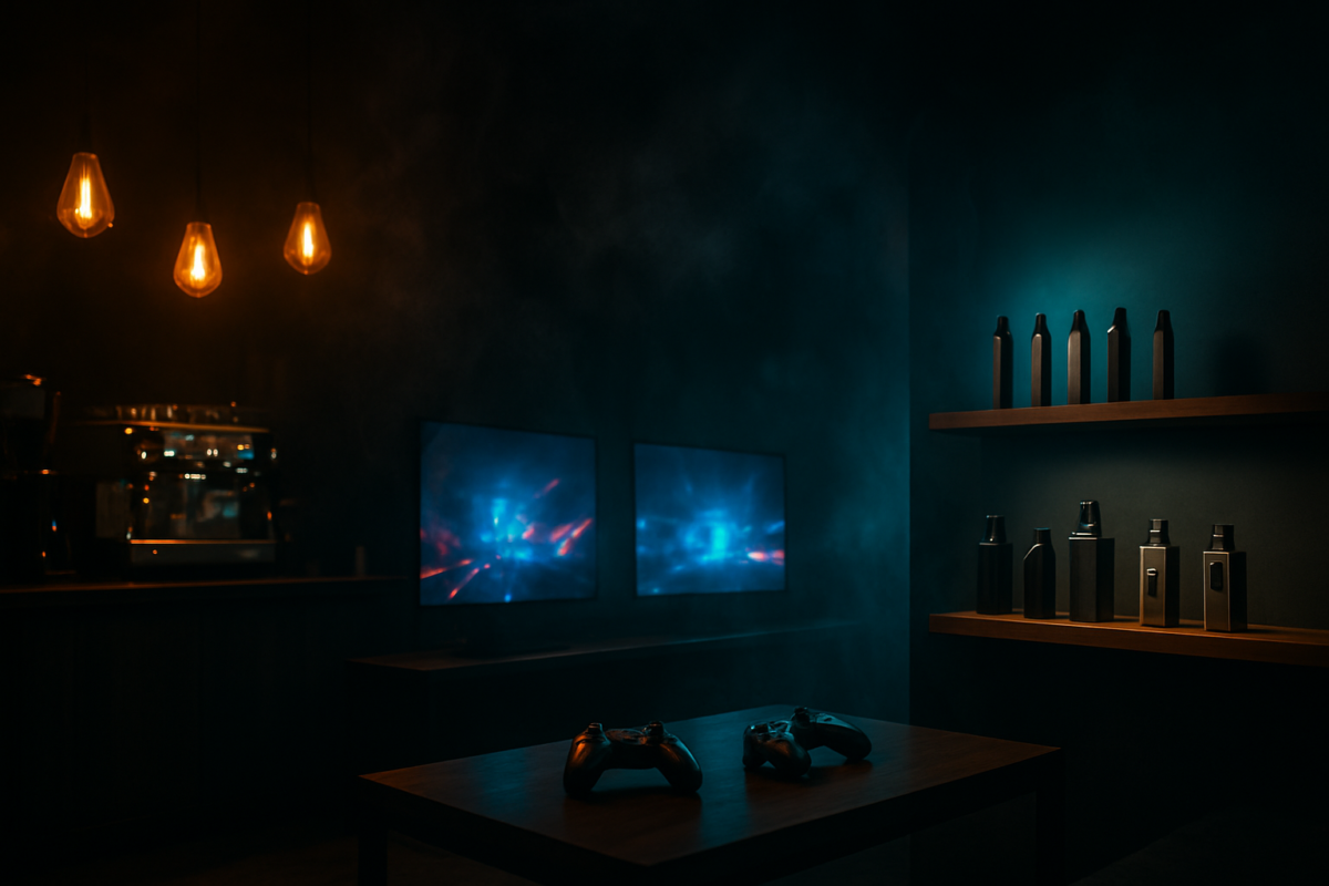 Wide hero shot of V Cafe Galali specialty coffee, vape and gaming lounge interior with espresso bar, vape devices and gaming setup in a dark moody atmosphere