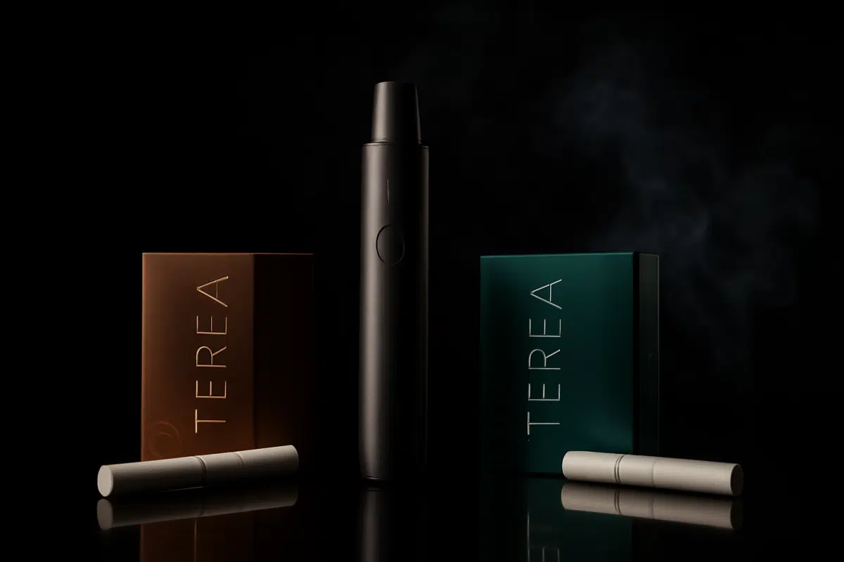Wide hero image of IQOS ILUMA with assorted TEREA heated tobacco sticks in tobacco and menthol flavors on a dark smoky background