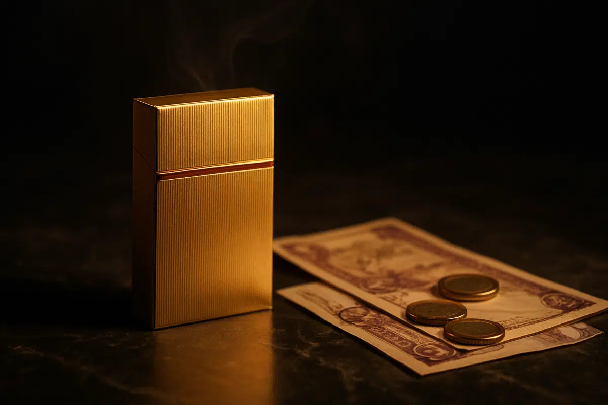 Marlboro Gold price in Bahrain displayed with Bahraini dinar currency in a dark studio setting