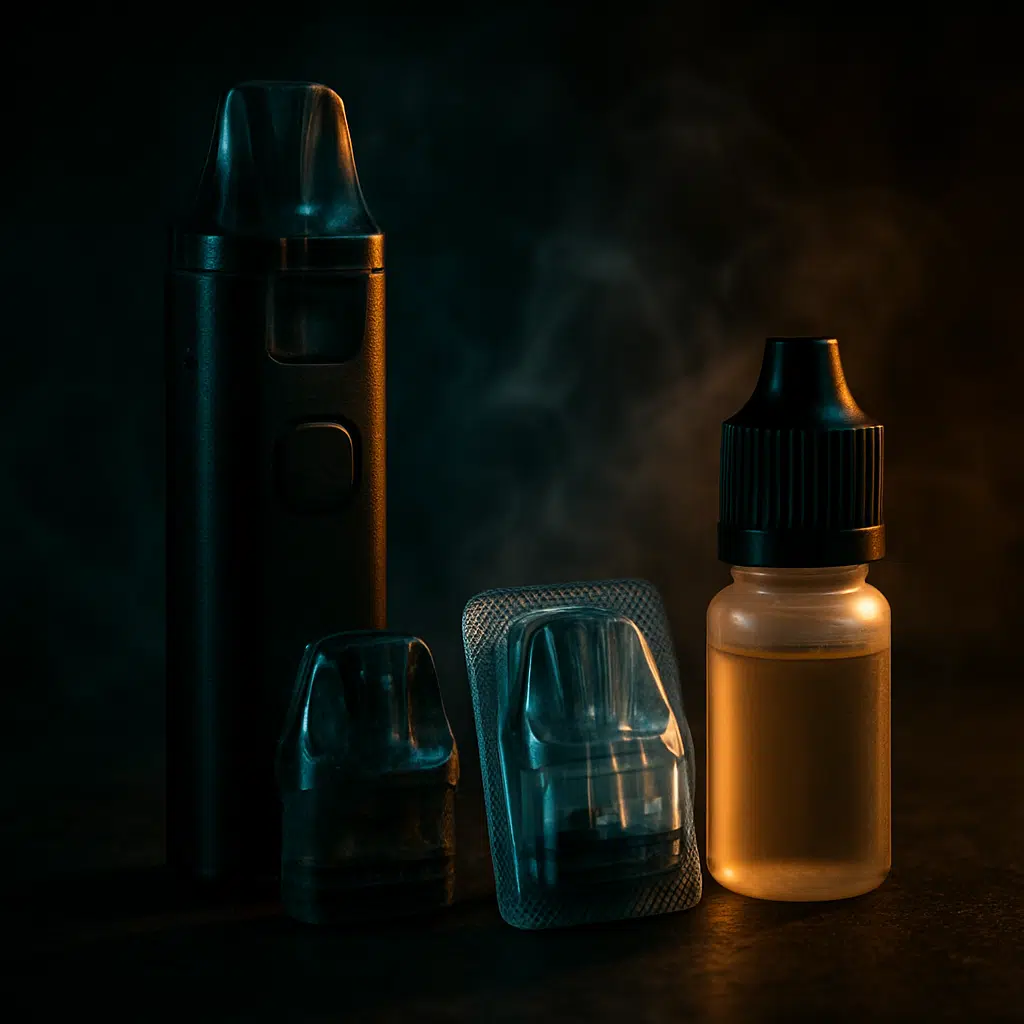 Vape Store Near Me Now: A Smarter Way To Shop 2 Replacement pod and e-liquid arranged beside a pod vape for urgent vape shopping